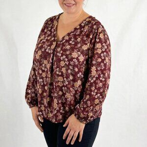 Vince Camuto Women's Burgundy Floral Flare Long Sleeve V-neck Top Plus Size XXL